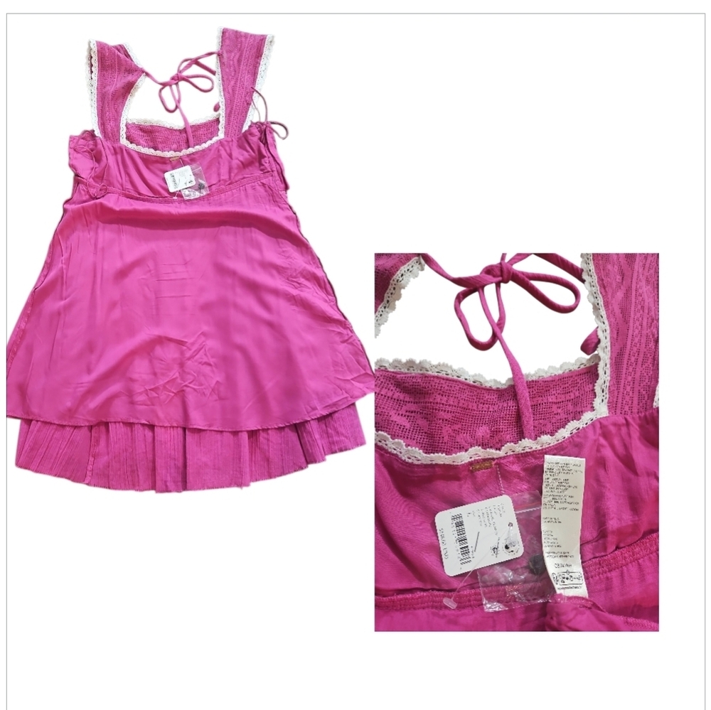 Free People Heartland Mini Dress Pink Lace Babydoll Boho sz L NWT - Picture 10 of 12